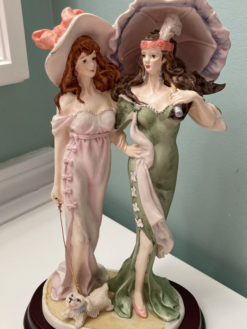 Hand-Painted Victorian Lady Figurine Pair in Pink and Green - Unbranded